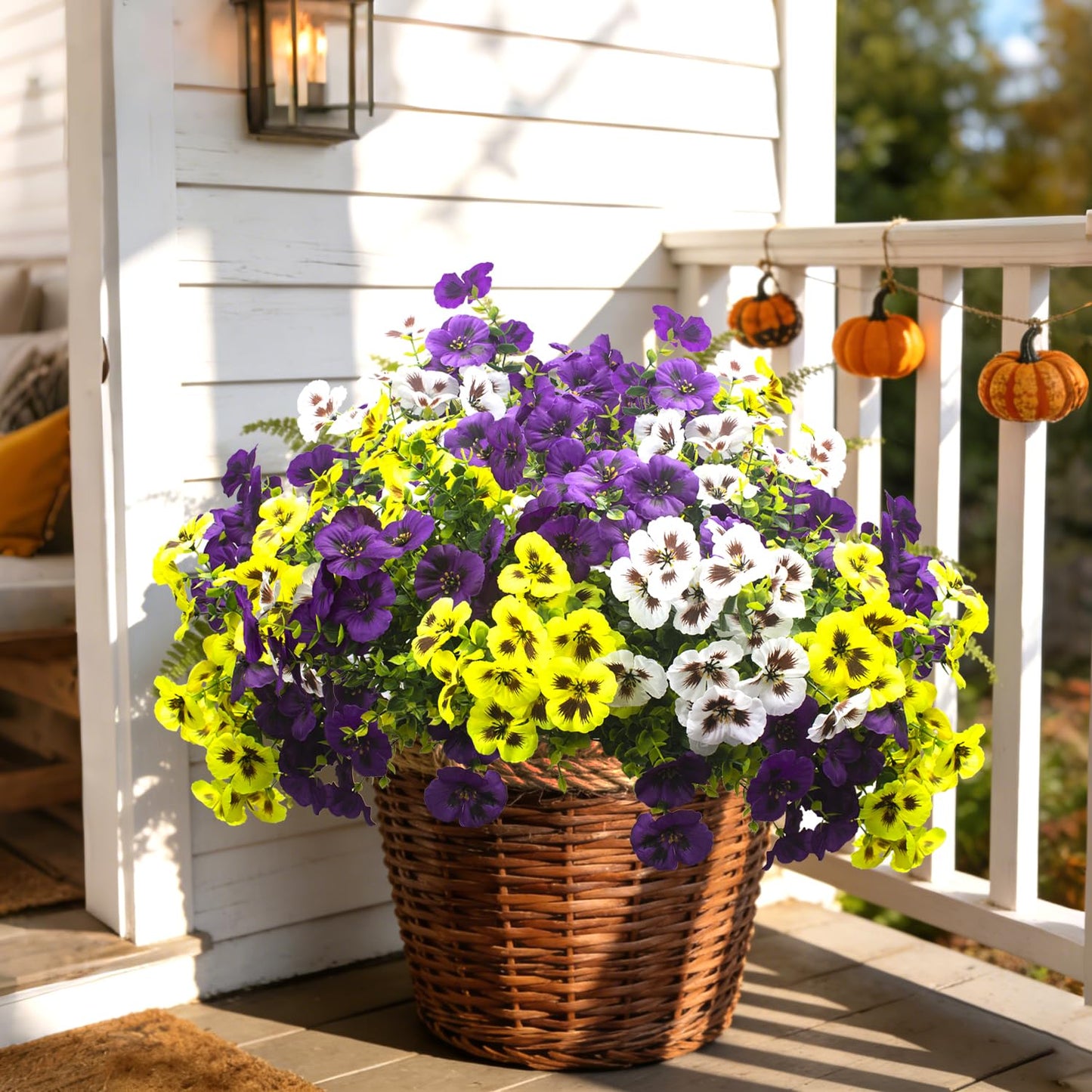 16Pcs Artificial Pansy Flowers for Outdoors, UV Resistant Fake Faux Silk Pansies for Outside,Spring Flowers for Hanging Basket Planter Window Box Porch Patio Yard Decor(Mixed Purple Yellow White)