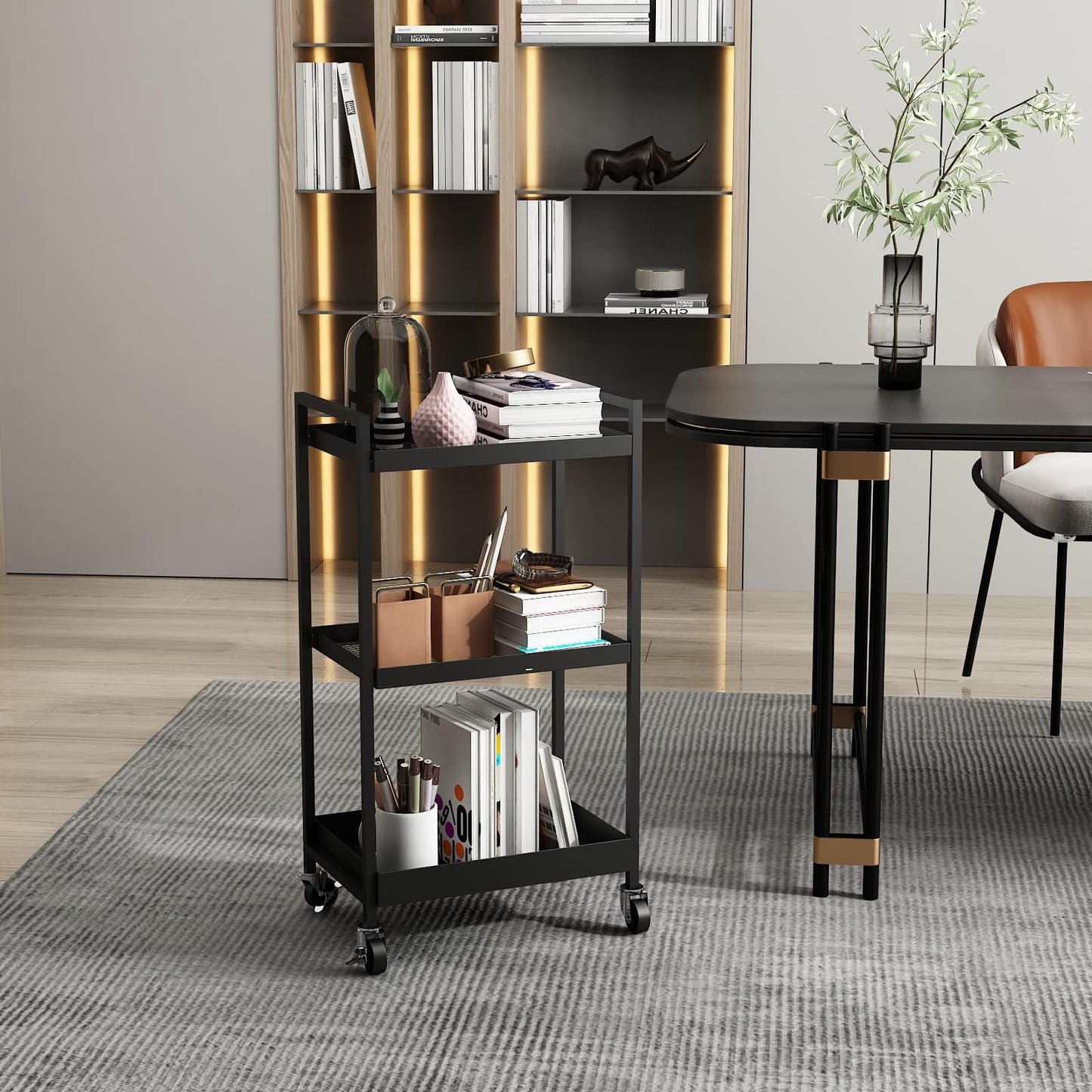 3-Tier Metal Cart with Wheels, Three Tier Rolling Cart,Utility Cart on Wheels Suitable for Office, Bathroom, Kitchen - Black (12.1" D x 17.7" W x 31.2" H
