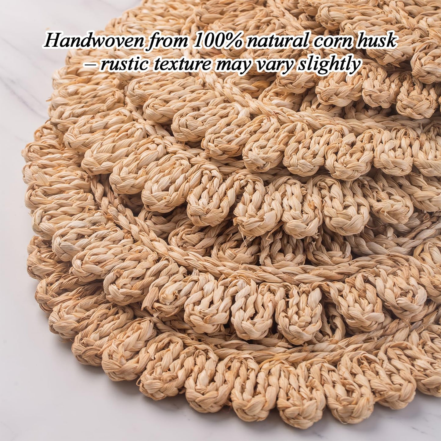 Laquedecraft 13.8" Set of 8 Round Corn Husk Placemats | Boho Woven Rattan Table Mats | Farmhouse Wicker Spring Plate Chargers Like Water Hyacinth, Seagrass for Wedding, Party, Christmas, Events