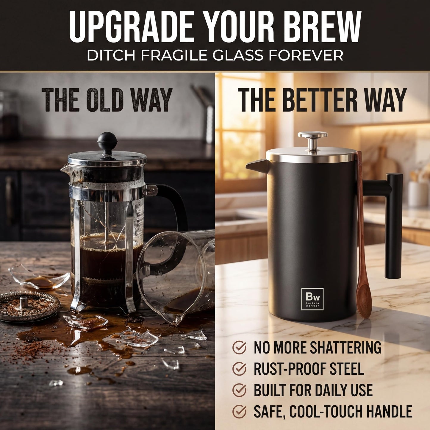 Barista Warrior French Press Coffee Maker - Double-Wall Stainless Steel Insulated French Press with Built-In Thermometer, Dual Filters Coffee Maker with Wooden Spoon - Black
