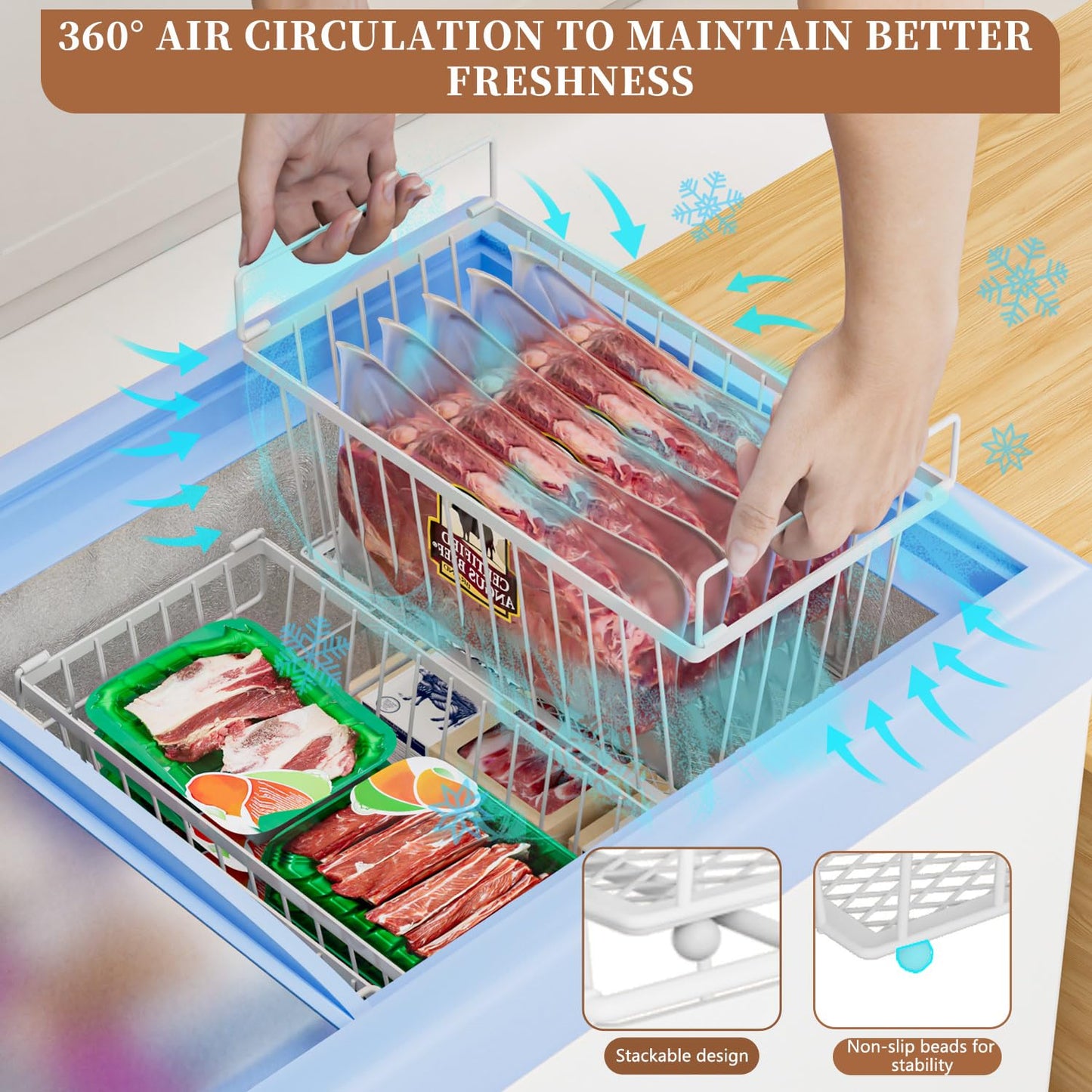 ANJUBAN Enhanced Leak-Proof Bottom - Freezer Organizer Bins ，6 Pack Stackable Deep Freezer Organizer Bins for 7 Cu.FT Small Chest Freezer，organization and storage，pantry organizers（white）