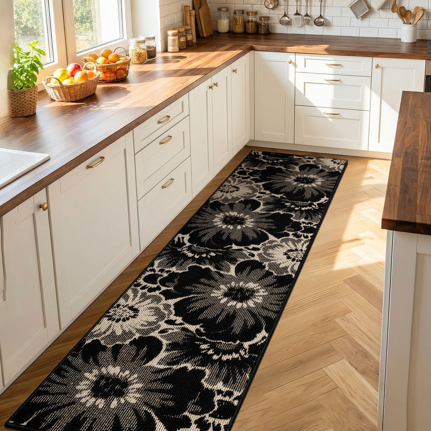 Findosom Hallway Runner Rug 2x10, Non Slip High-Low Textured Floral Washable Runner Rug with Rubber Backing, Boho Carpet Runner for Kitchen, Entryway, Bedroom, Laundry, Black & Beige