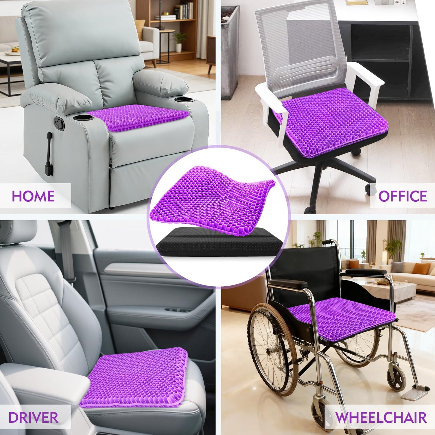 NIPURA Plus Size Gel Cushion for Long Sitting, Breathable Honeycomb Pressure Relief Pad for Office Chair, Car & Wheelchair (Plus Size - Light purple-01)