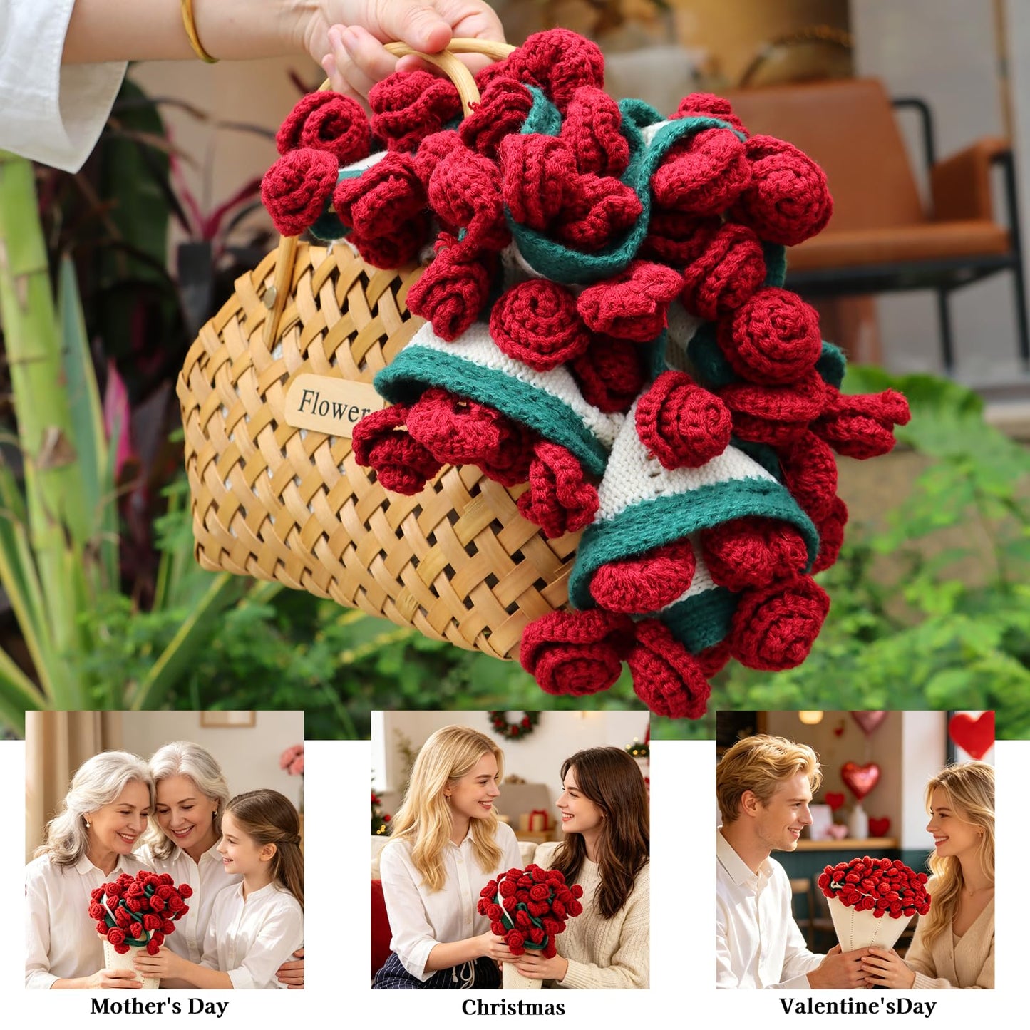 cagulax Birthday Gifts for Women Mothers Day, Rose Crochet Flowers Bouquet Blanket, Anniversary Wedding Graduation Gifts for Couples Wife Girlfriend Friends, Soft Rose Knitted Blanket 43 Inches