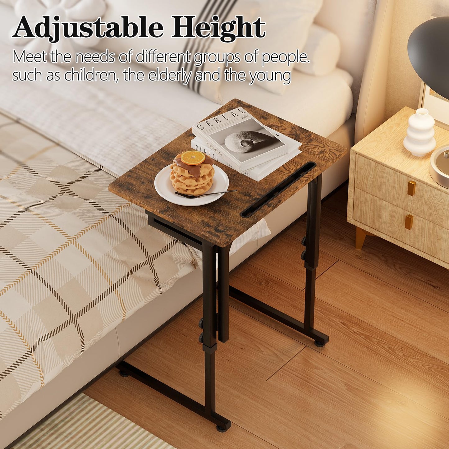Katrawu Folding TV Tray Dinner Table for Living Room,Adjustable Height Tv Tray,Portable Dinner Snack Trays Table,Small Foldable C-Shaped End Table for Eating with No Assembly Required (Brown)