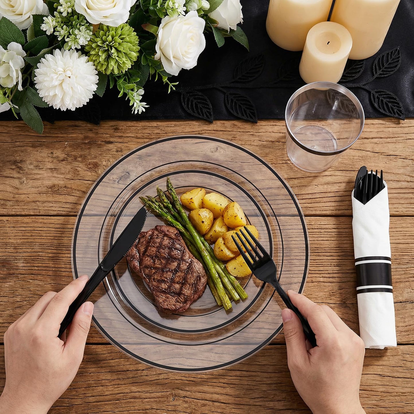 I00000 350 Pcs Black Plastic Dinnerware Set for 50 Guests Include: 50 Dinner Plates, 50 Dessert Plates, 50 Pre Rolled Napkins with Cutlery Set, 50 Cups for Birthday, Wedding Party Graduation