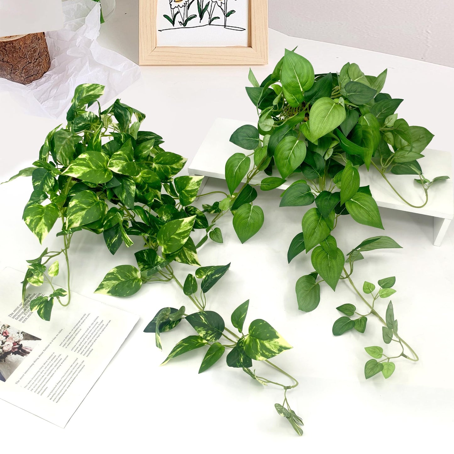 Artificial Hanging Plants with White Pots –2 Pack Fake Pothos Potted Plants Faux Ivy Vines 23.6‘’, Realistic Greenery Hanging Fakeplants Indoor for Home Decor, Bedroom, Bathroom, Office, Living Room