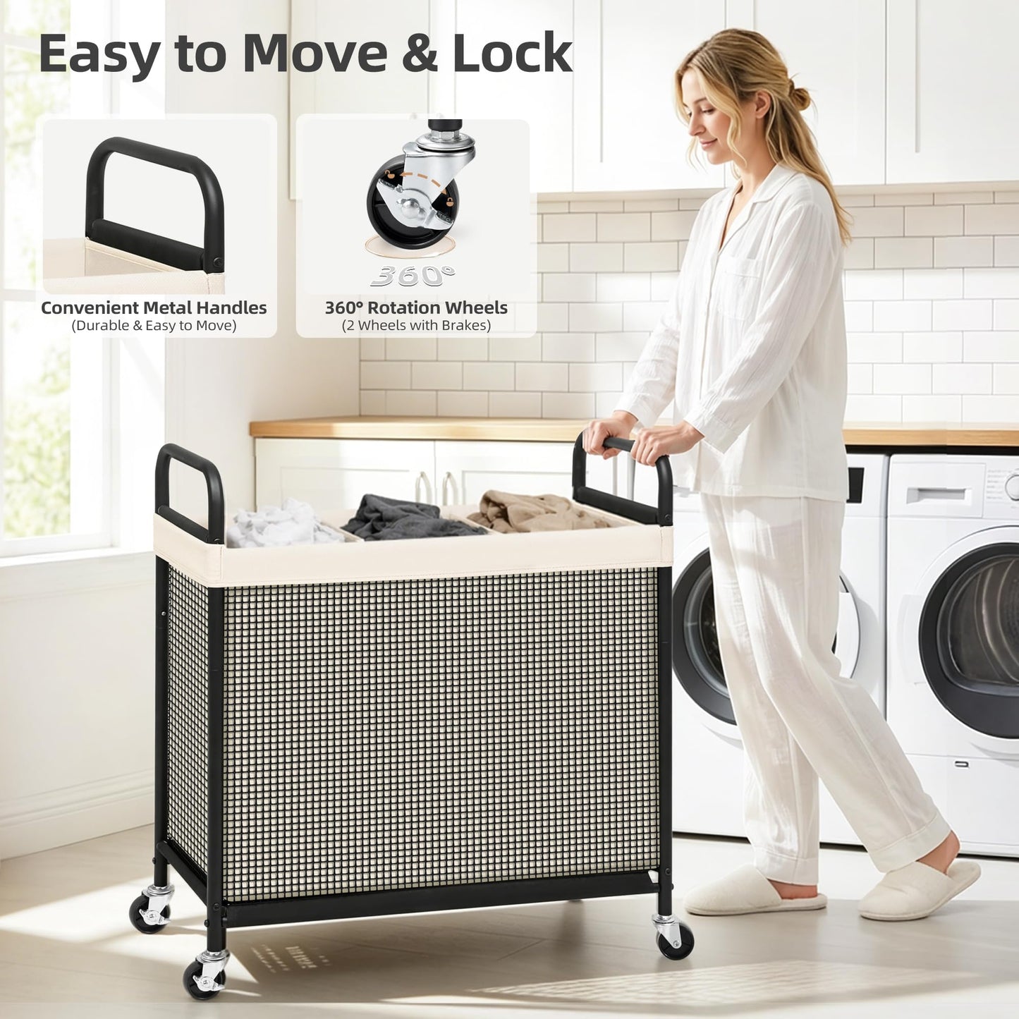 STORAGE MANIAC Rolling Laundry Hamper with Wheels 3-Section Laundry Sorter Rolling Laundrys Basket on Wheels with Removable Bag Clothes Hamper Laundrys Organizer Cart Bathroom Bedroom 120L Beige