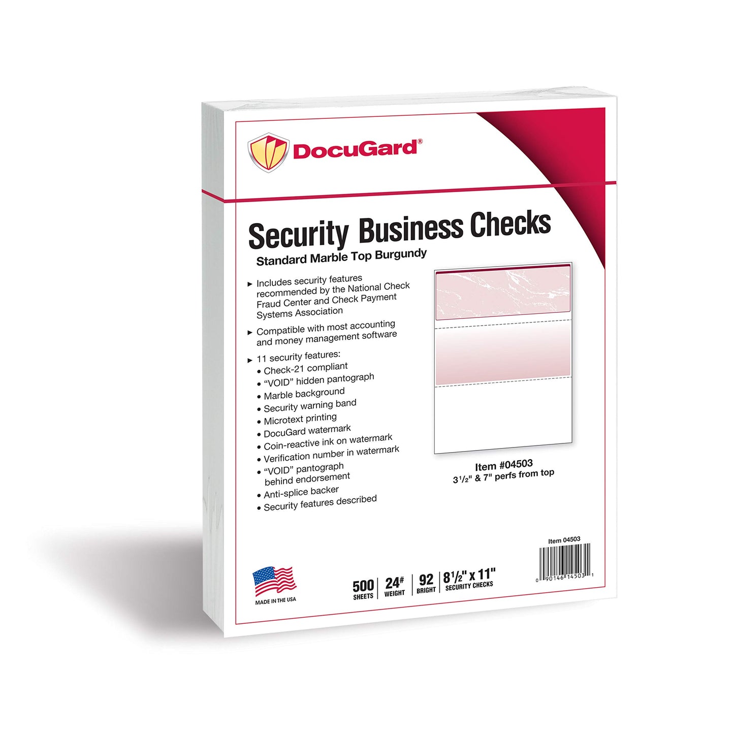 DocuGard Standard Burgundy Marble Top High Security Check Paper - Laser/Inkjet Printer Compatible - 11 Security Features - 500 Blank Business Checks (04503)
