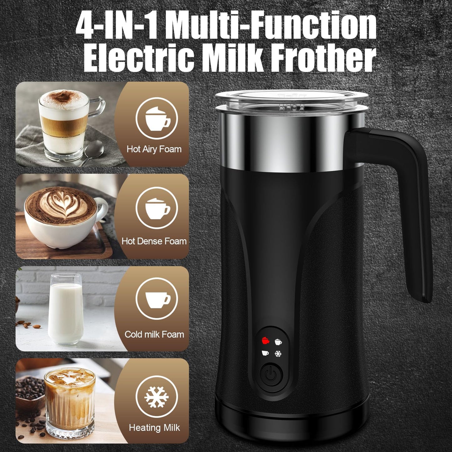 Ovetedot Milk Frother, 4-in-1 Milk Frother and Steamer, 10.1oz/300ml Automatic Hot and Cold Foam Maker and Milk Warmer, Electric Milk Frother for Coffee, Latte, Cappuccino, Matcha(Black)