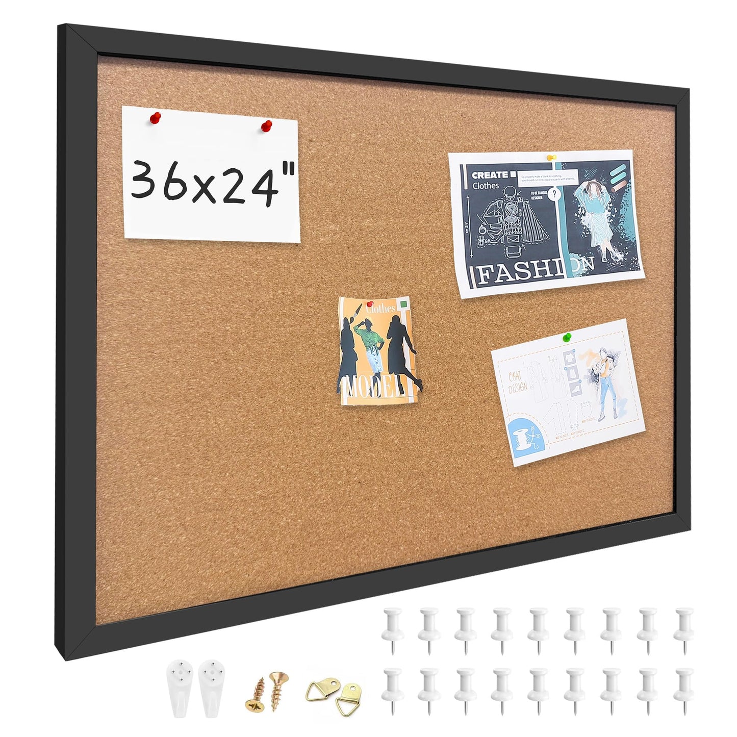 Yunihome Cork Bulletin Board, 36x24 Inches Hanging Cork Board Wooden Framed with Pins for Wall, Dorm Room, Office, Home Decor – Natural Cork & Black Frame