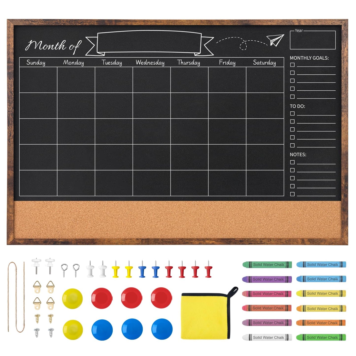 JEFURE Magnetic Chalkboard Calendar 24x36 Inches, Framed Chalk Board for Wall Organization, Planning/School Timetable/Memo, Hanging Magnetic Surface for Office, School, Home