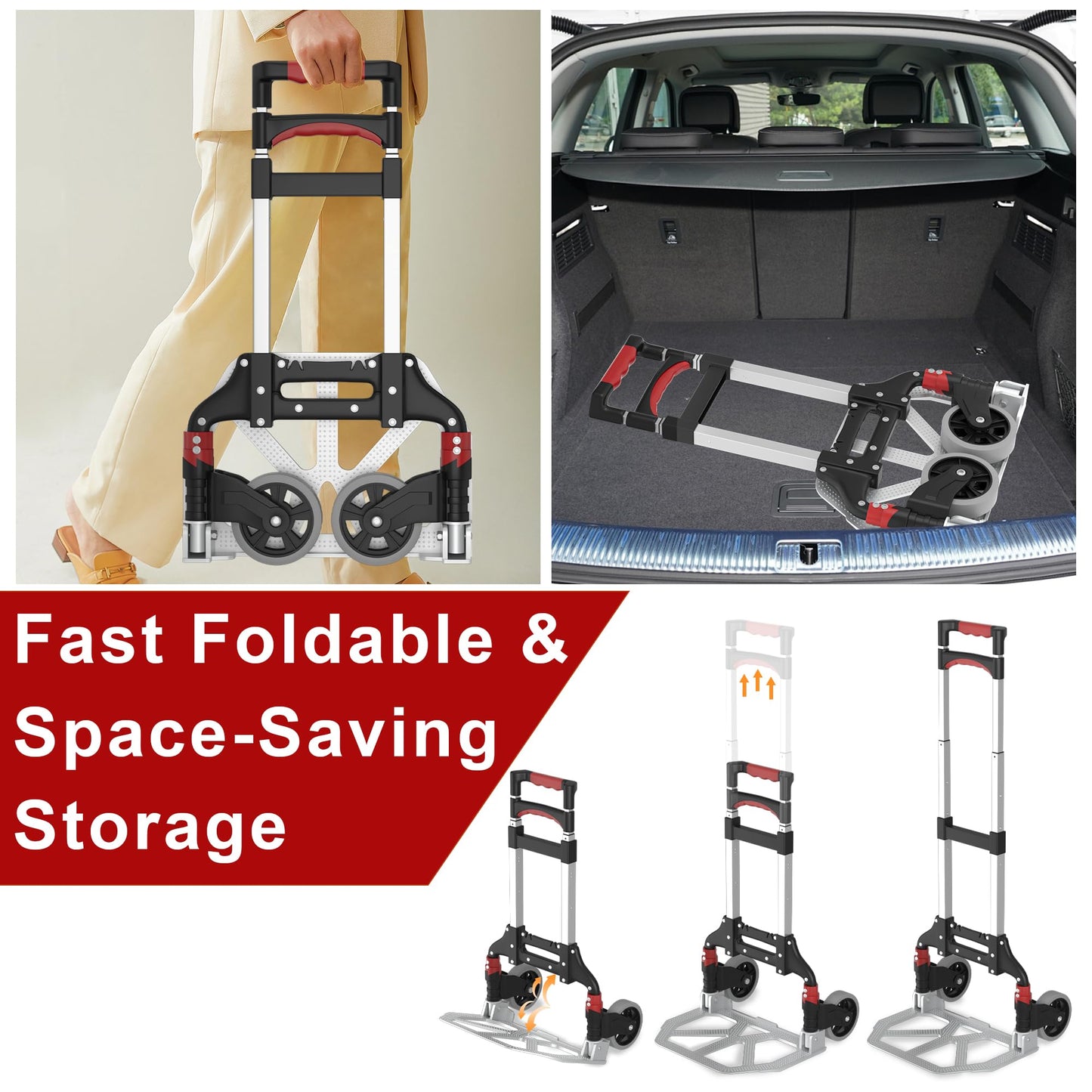 DIAMONDFORGE Folding Hand Truck, 180lbs Lightweight Foldable Dolly Cart with Wheels and Telescopic Handle, Portable Folding Dolly with Rubber Wheels for Moving Groceries, Home, Auto, Black Red