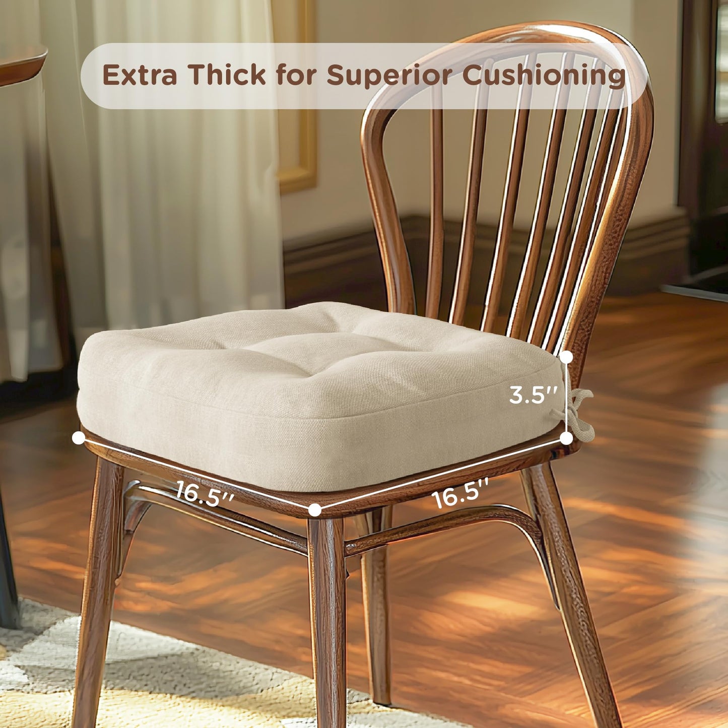 Codi Dining Chair Cushions 4 Pack, Thick Chairs Pads for Indoor Kitchen Room - Washable, Non-Slip Memory Foam Seat Cushion with Ties, 16.5"x16.5"x 3.5", Set of 4, Beige New