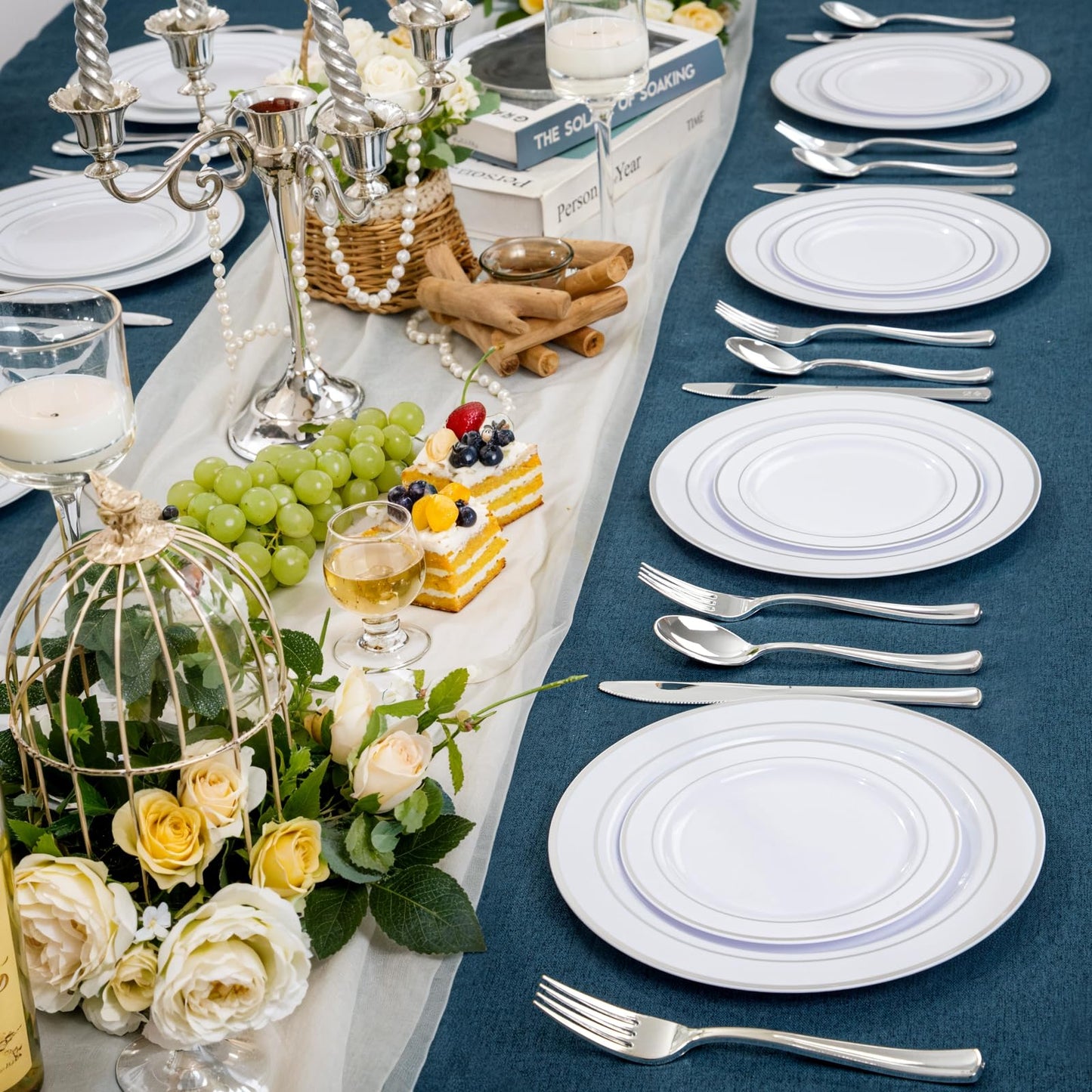 NOCCUR 200PCS Silver Plastic Plates Disposable for 100 Guests - Include 100 Dinner / 100 Dessert Plates Heavy Duty - Ideal for Party/Wedding/New Year