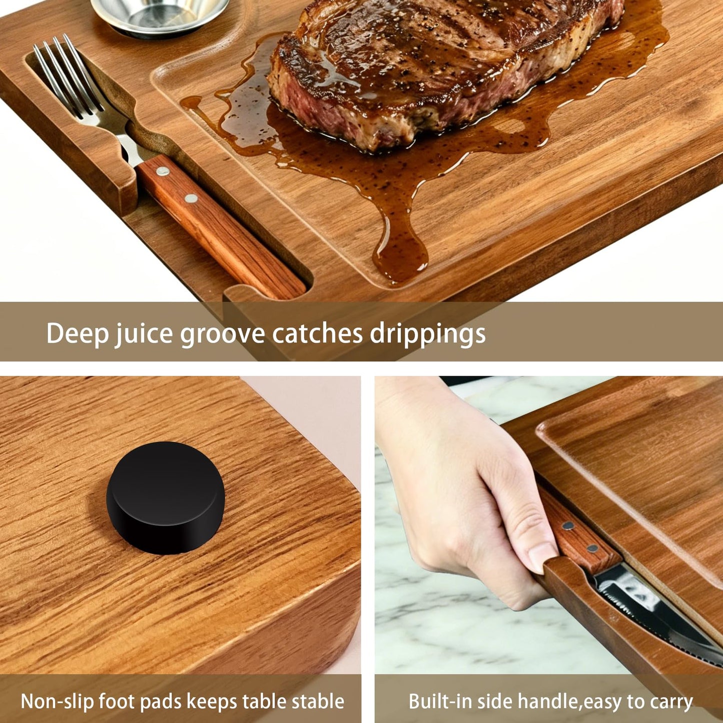 2 Set Acacia Wood Steak Plates Board with Knife Fork Ramekins,Knife-Friendly Food Serving Tray Deep Juice Groove Charcuterie Meat Cutting Boards for Dinner BBQ Party Restaurant & Housewarming Gifts