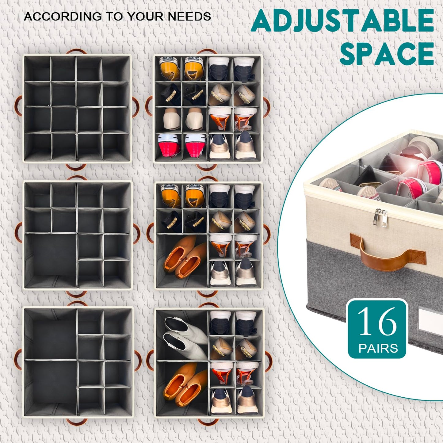 RONCHIL Shoe Organizer for Closet, Foldable Shoe Storage Bins with Clear Cover, Space Saving Shoes Holder with 4 Handles, Large Adjustable Shoe Box Storage Containers, Fits 8-16 Pairs, 2 Pack, Beige