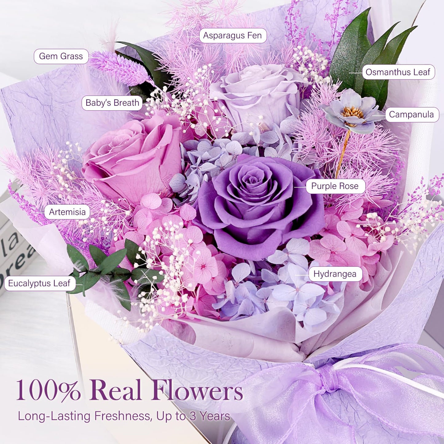 Preserved Bouquet of Flowers - 3 Roses & Flowers for Delivery, Long-Lasting Real Lavender Forever Flowers, Mothers Day Gifts for Mom Grandma Wife, Anniversary Birthday Gifts for Women