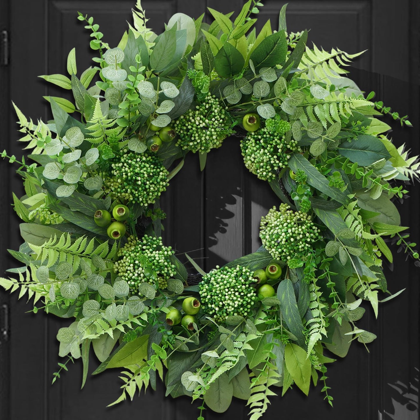 24 Inch Artificial Greenery Wreath for Front Door - Green Wreath with Eucalyptus and Fern Leaves, Spring Summer Fall Winter Eucalyptus Wreaths, Indoor Outdoor Wreath for Farmhouse Outside Year Round
