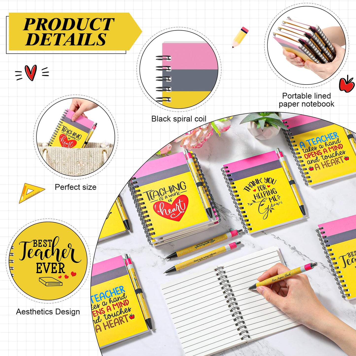Resurhang 20 Sets Teacher Appreciation Graduation Gifts Bulk, Spiral Notebooks with Glitter Pens, End of Year Teacher Gifts from Student Thank You Gift for Classroom Party Favor, Back to School