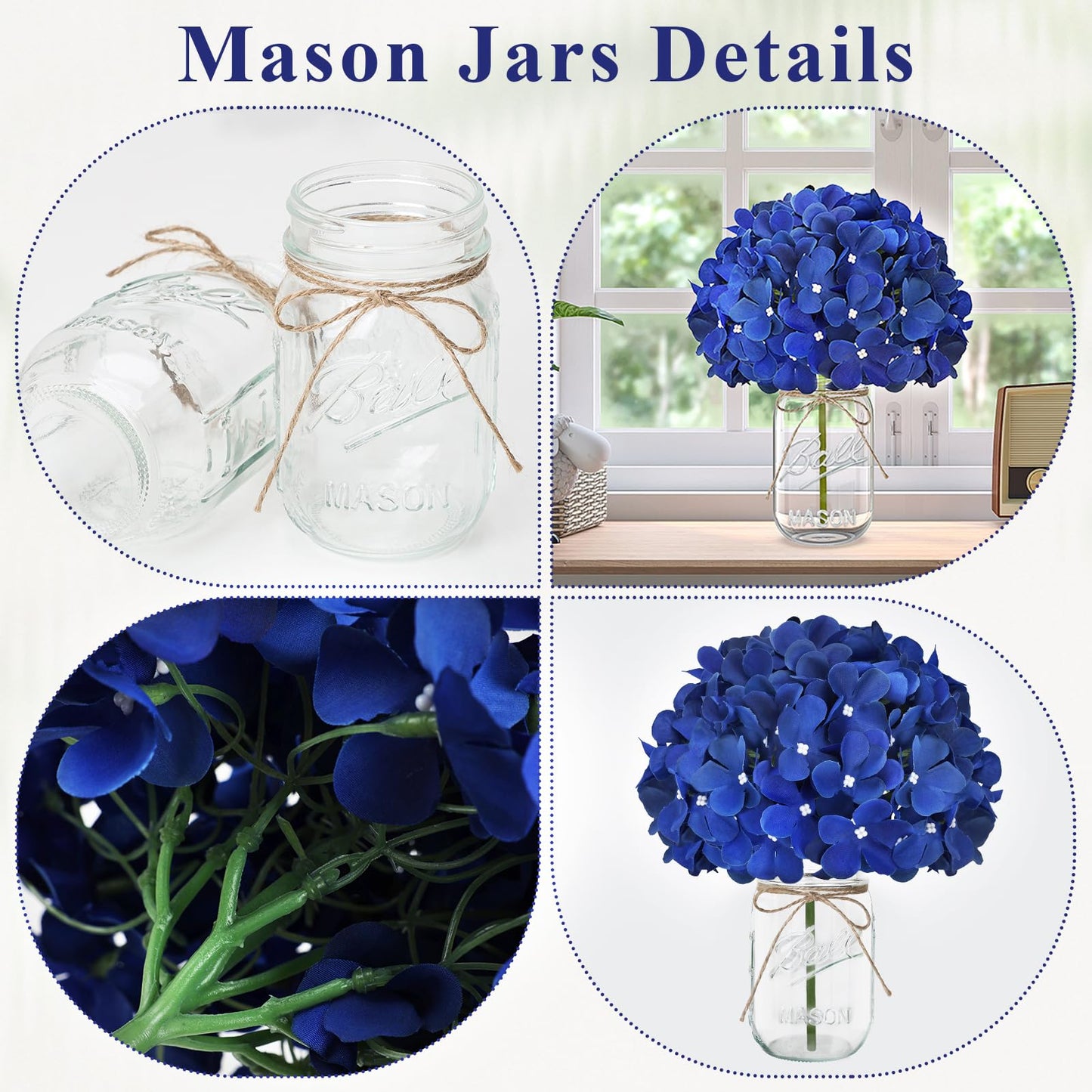 Scawim Mason Jars with Hydrangea, 10 Set Artificial Flower Table Centerpieces Glass Flowers Vases Decor for Home Wedding Farmhouse Bridal Shower Graduation Boho Decorative(Royal Blue)