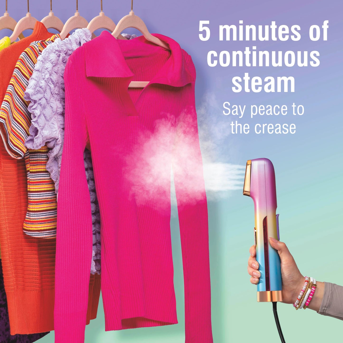 CHI VIBES Handheld Garment Steamer for Clothes, Fabric and Drapes, 5 Minutes of Continuous Steam, Portable Wrinkle-Remover for Home and Travel, Vacation Essentials, 80ml Water Tank, Pink (11615)