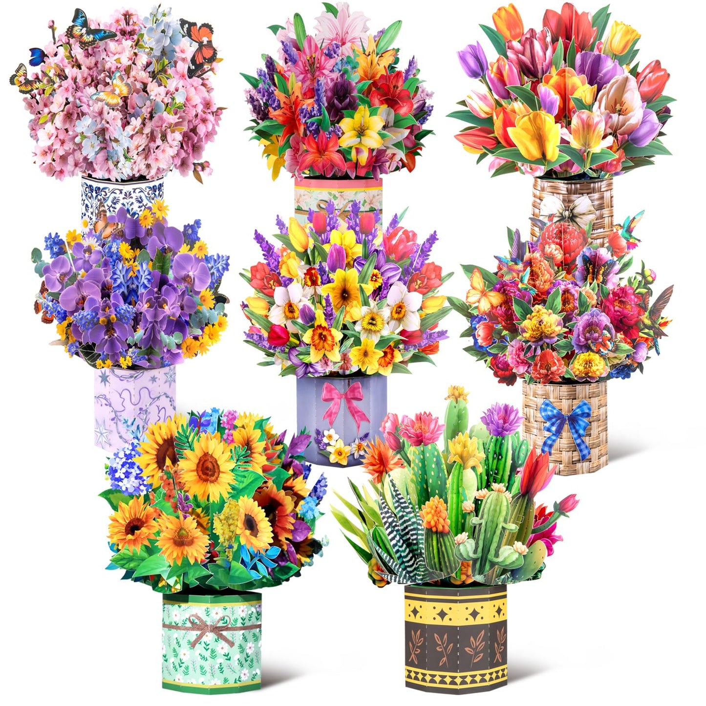 Magic Ants 8 Pack 3D Pop Up Flower Bouquet Cards Assortment – Beautiful Spring Floral Greeting Cards with Envelopes and Black Notes –for Birthday, Mother's Day, Thank You, Get Well