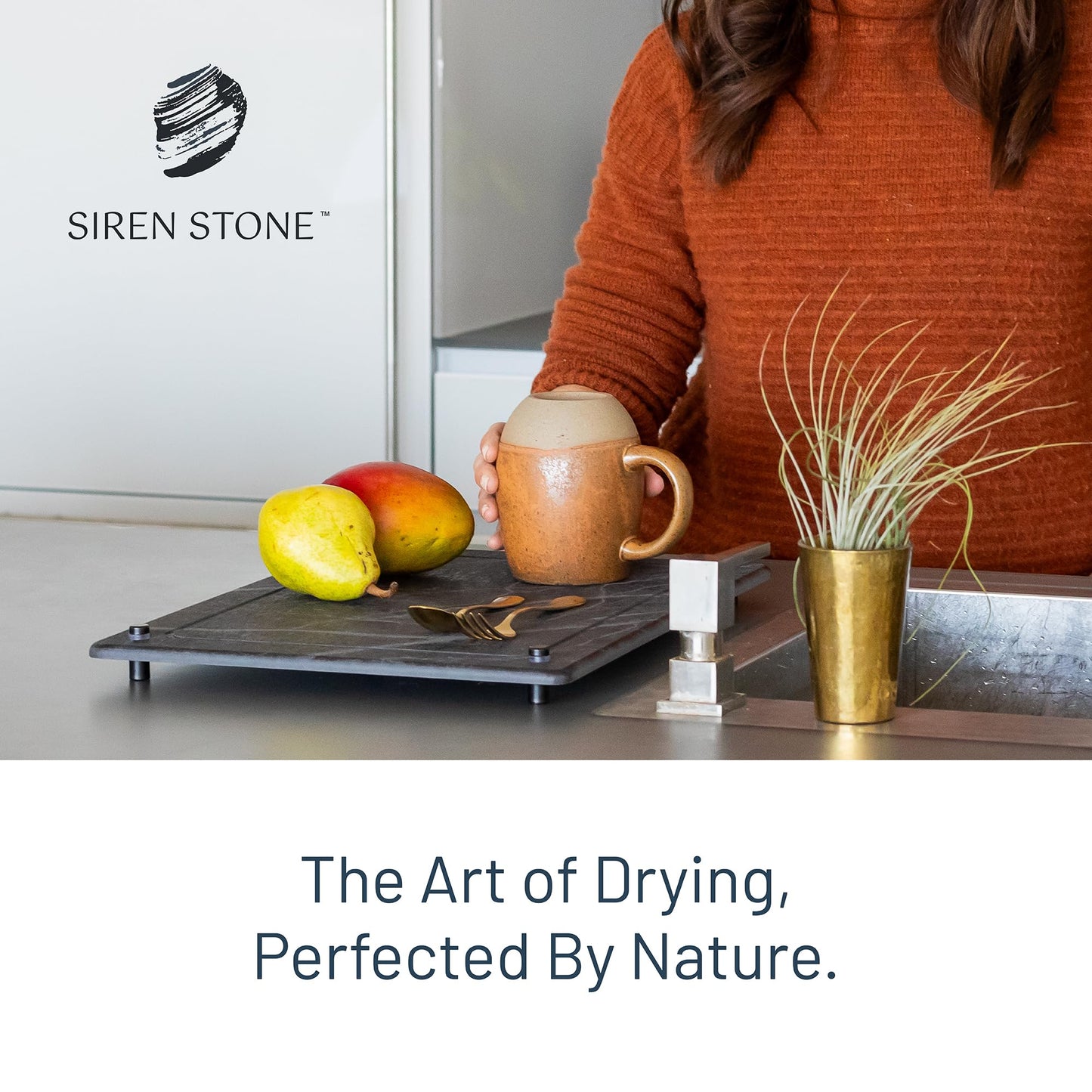 Siren Stone Natural Stone Dish Drying Mat 15.7" x 11.8", Slate Color - Diatomaceous Earth Kitchen Mat | Quick Drying, Non-Toxic, BPA-Free, Eco-Friendly | Female-Founded USA Brand