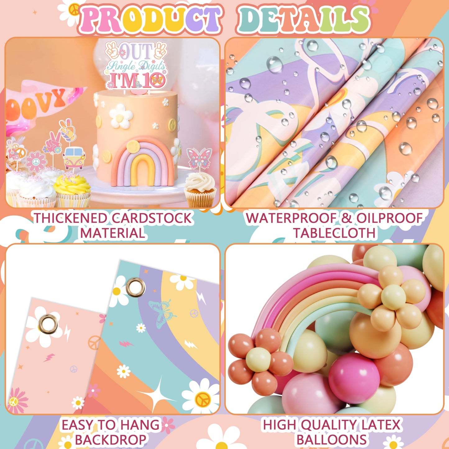 10th Birthday Decorations for Girl, Peace Out Single Digits Party Decor Groovy 10th Birthday Decor Boho I'm 10 Backdrop Banner Tablecloth Cake Topper Honeycomb Centerpieces Hanging Swirls Balloons Set