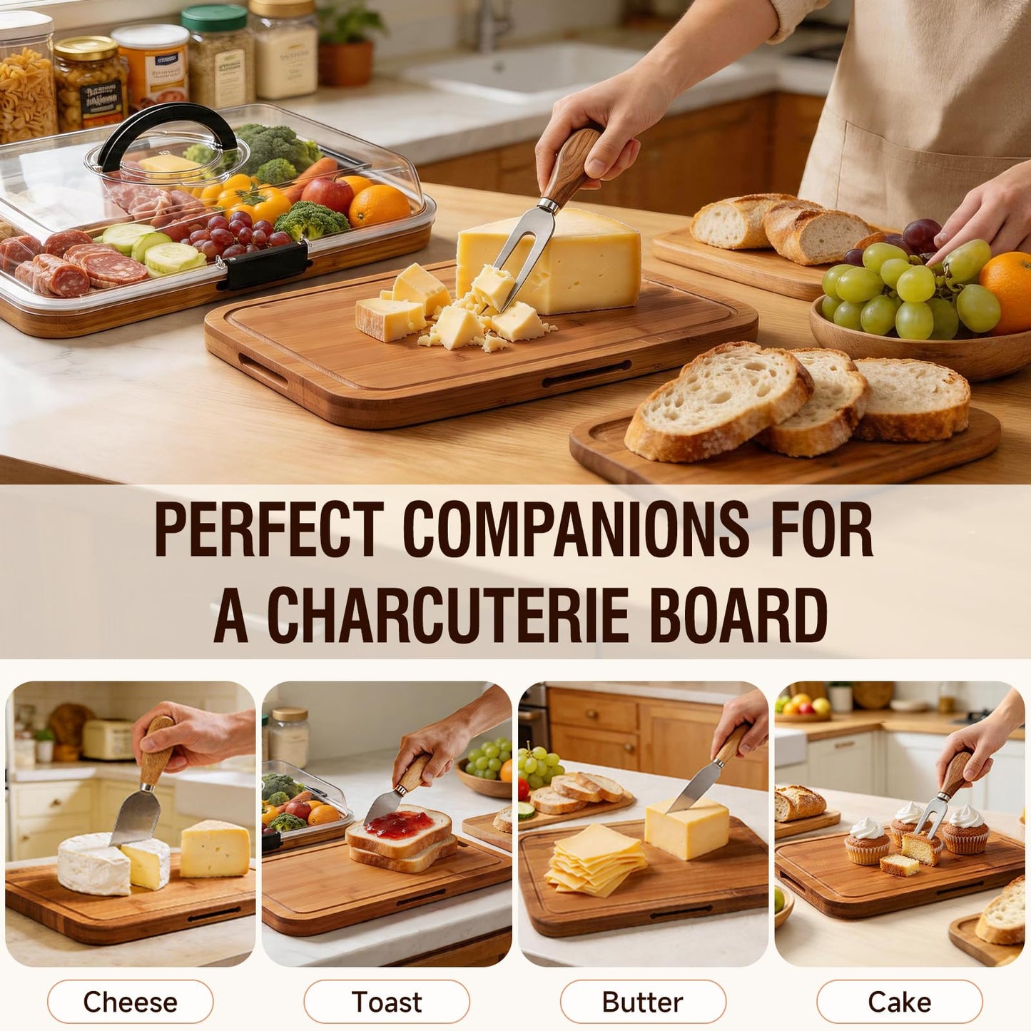 Renmxj Charcuterie Boards with Lid Gift Set, 2 in 1 Travel Portable Cheese Board with Knives Set, Carbonized Bamboo Charcuterie Tray, Housewarming Gifts New Home, Picnic, Wedding Gifts, Black Handle