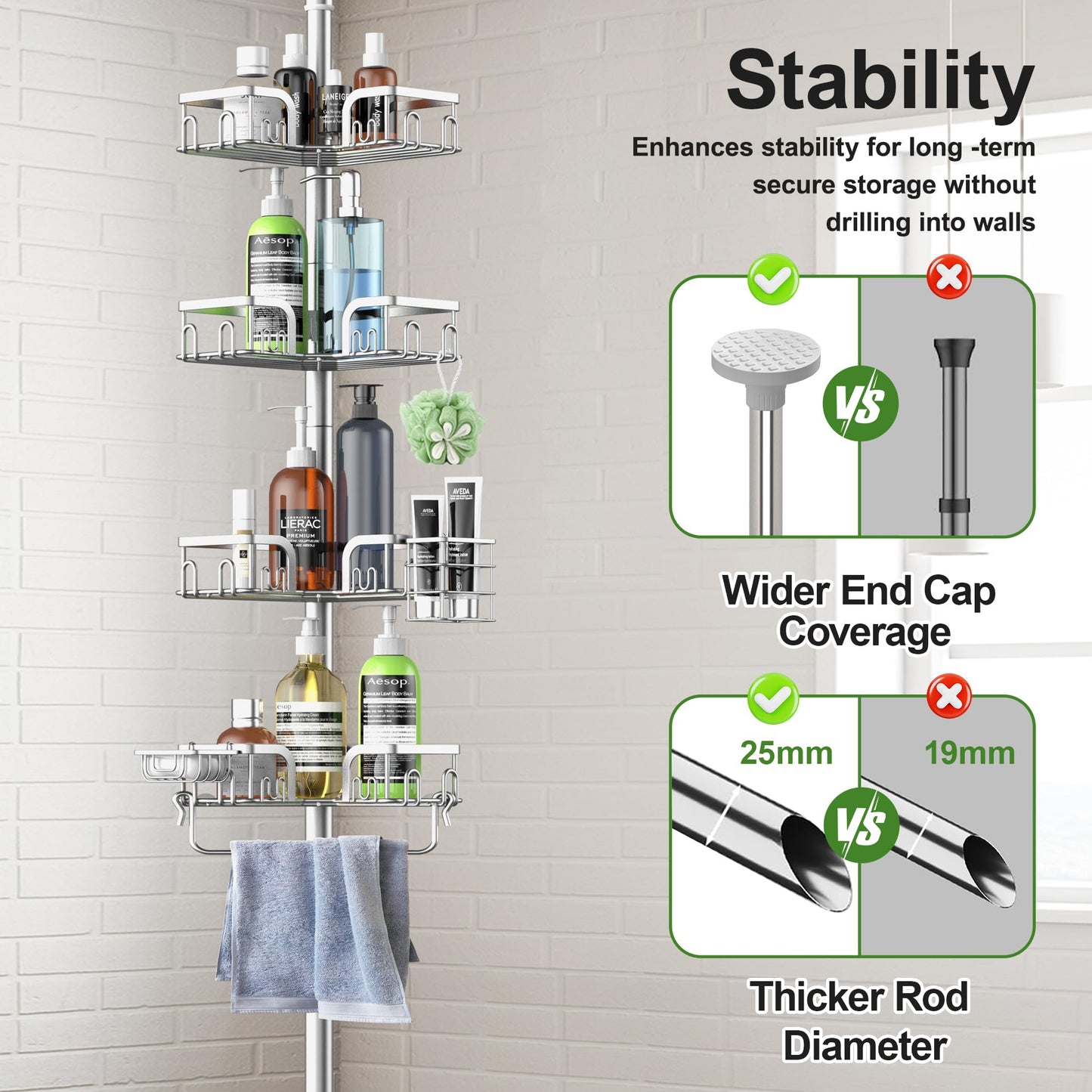 Clothink Corner Shower Caddy Tension Pole 4 Tier Adjustable Stainless Steel Shower Shelf for Inside Shower Bathtub Shampoo,Standing Bathroom Organizer Shelves with 39 to 113 inch Height