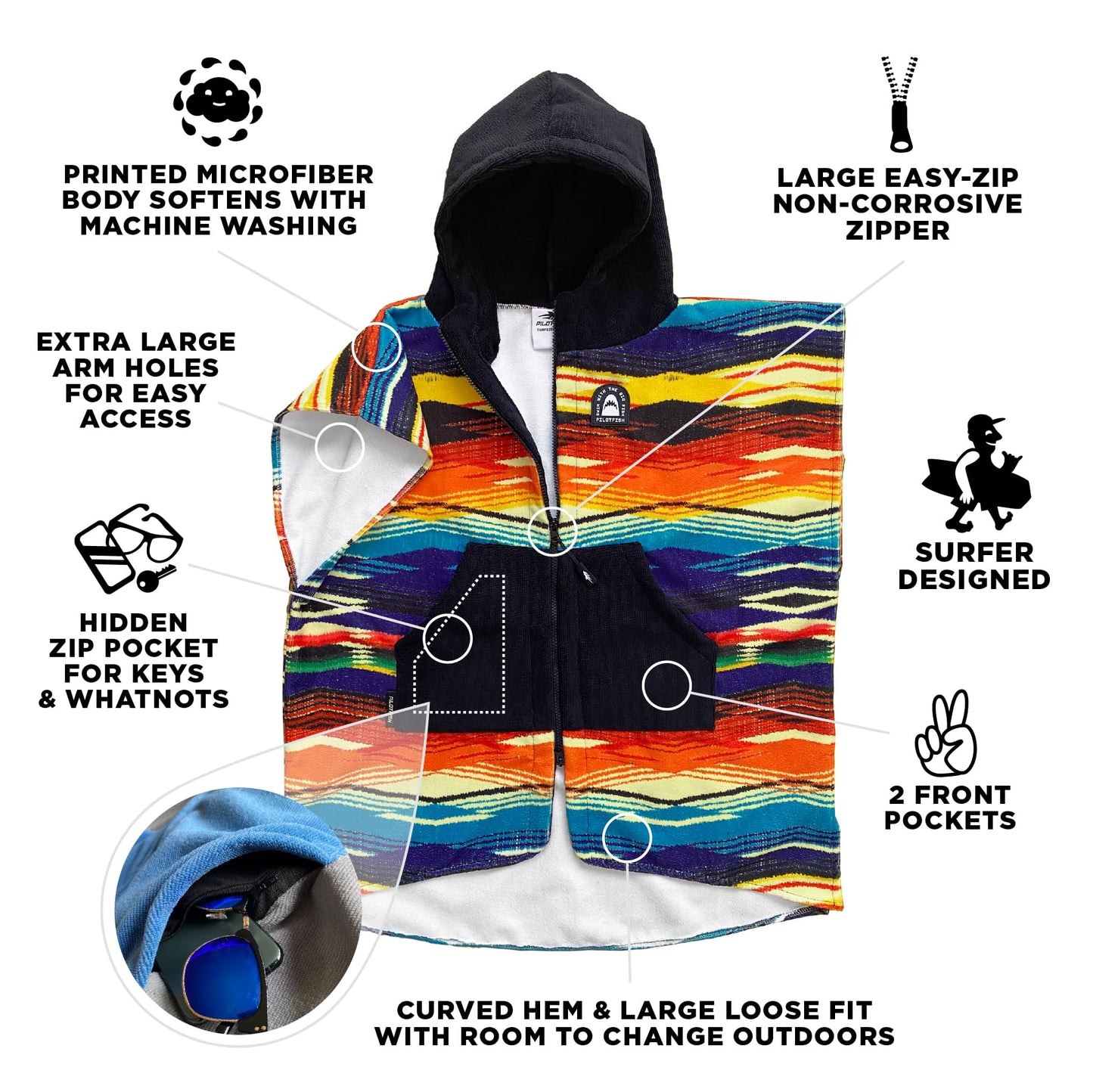 Pilotfish Surf Poncho Changing Robe Towel - Hooded, Zippered Towel Poncho for Beach, Surfing, Swimming | 2 Front Pockets, Machine Washable, (Serape, Large)