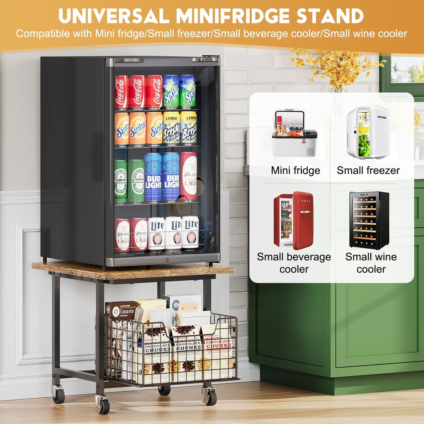 Mini Fridge Stand with Storage, Small Refrigerator Stand with Wheels, Rolling Mini Fridge Cart-Max Load 300 LBS Heavy Microwave Printer Stand Utility Cart for Dorm, Apartment, Kitchen, Office (Brown)