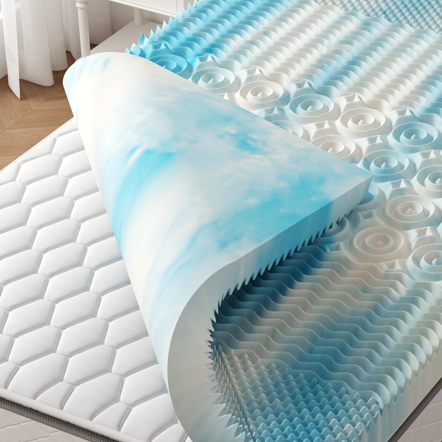 KMFurnila 4 Inch 5-Zone Cooling Gel Memory Foam Mattress Topper Full, Pressure Relief for Back & Hip Pain, Soft Reversible Pad for Dorm RV Camping, CertiPUR-US Certified, Blue
