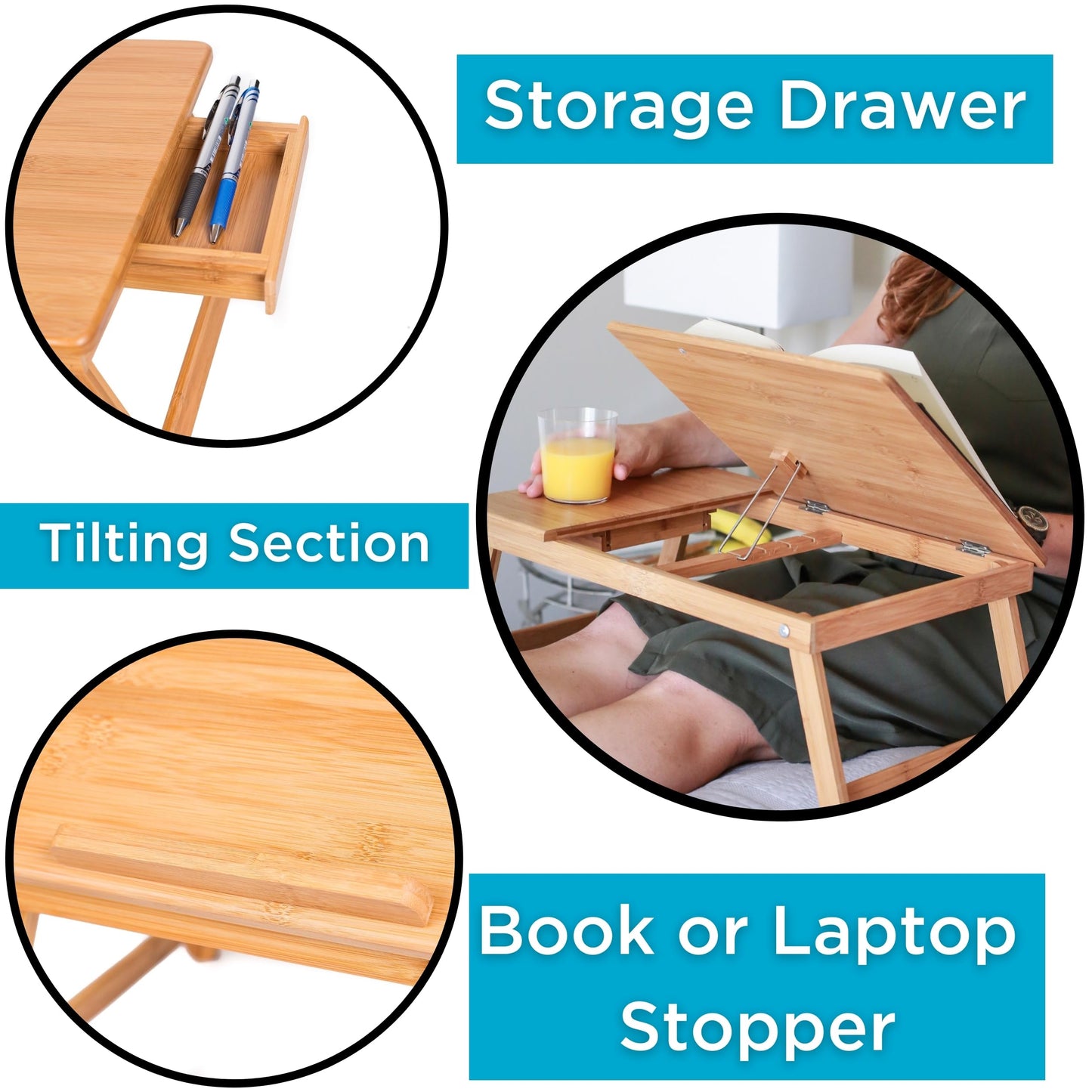 BirdRock Home Bamboo Laptop Bed Tray (Natural)| Multi-Position Adjustable Surface | Pull Down Legs | Storage Drawer