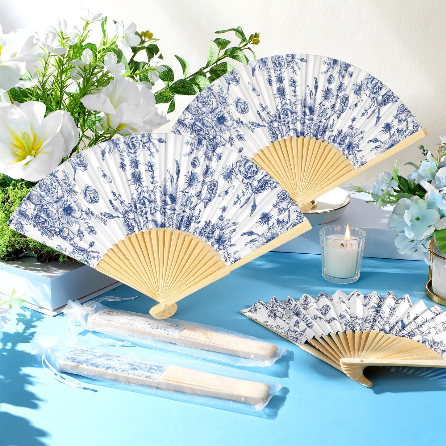 Vercraft 50 Sets Folding Hand Fans with Organza Bags Bulk, Paper Fans for Wedding Guests, Bridal Shower Party Favors, Summer Handheld Bamboo Fan Bridesmaid Gifts (Blue Floral)