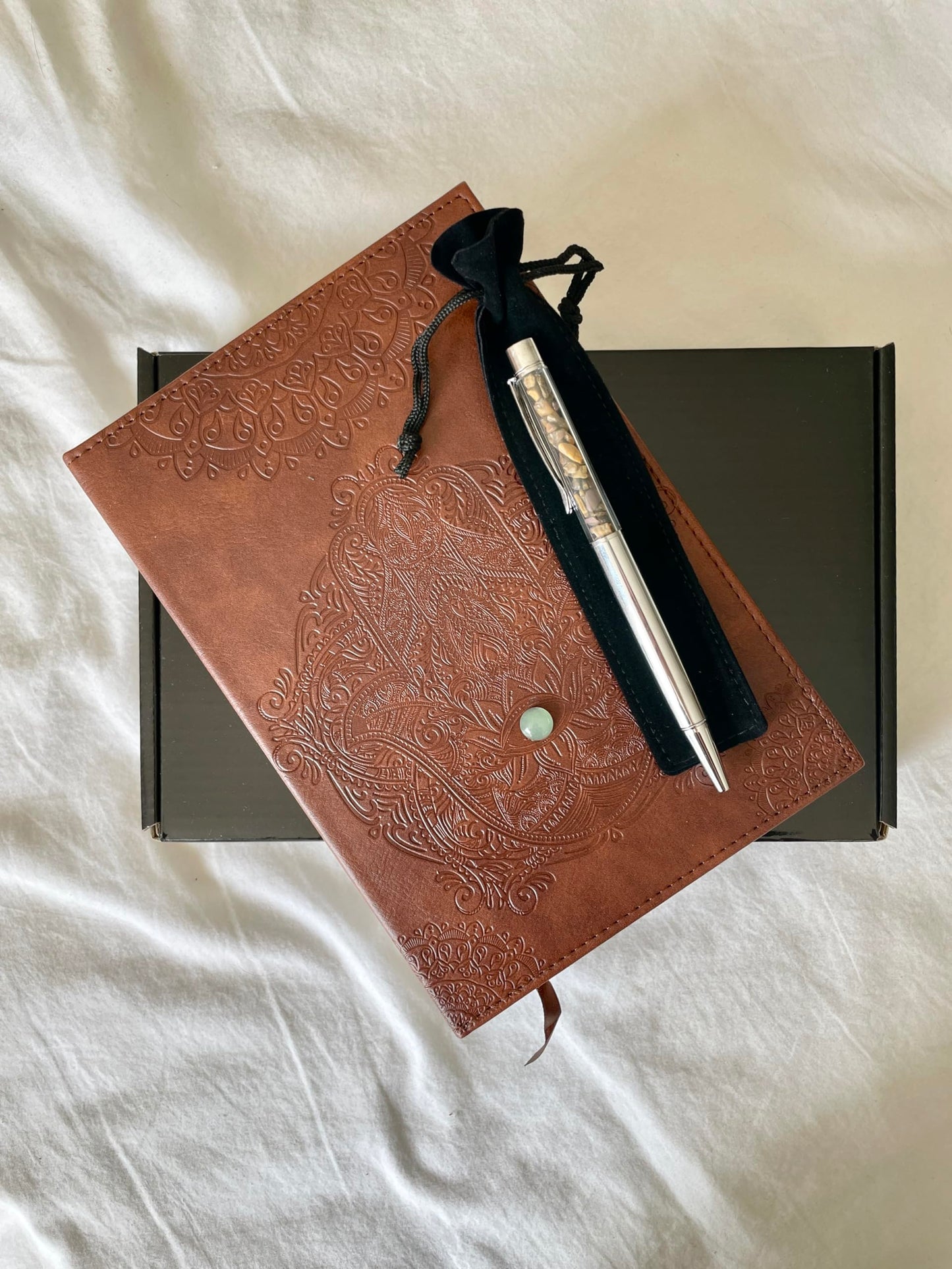 Brown Notebook and Tiger’s Eye Crystal Pen Gift Set for Men or Women, Vegan Faux Leather Journal, Hamsa Hand Evil Eye Protection Spiritual Gifts (Brown Notebook & Tiger's Eye Pen Set)