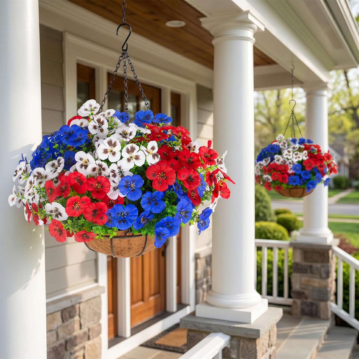 lovemoon 2 Sets Artificial Hanging Pansies Flowers with Baskets, 24 Pcs Faux Patriotic Silk Pansy Outdoor Flower for Porch Patio Garden Home Summer 4th of July Decor (Y/P/W) (2, RedWhiteBlue)