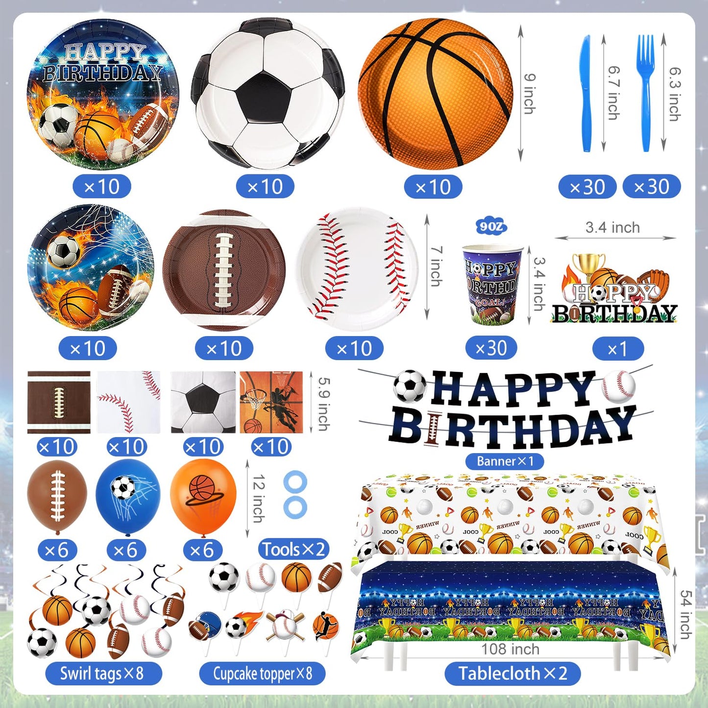 244 Pcs Sports Birthday Party Decorations - Serve 30, All in One Football Basketball Baseball Soccer Party Supplies Kit with Banner, Plates, Napkins, Balloons, Tableware for Boys Sports Themed Party