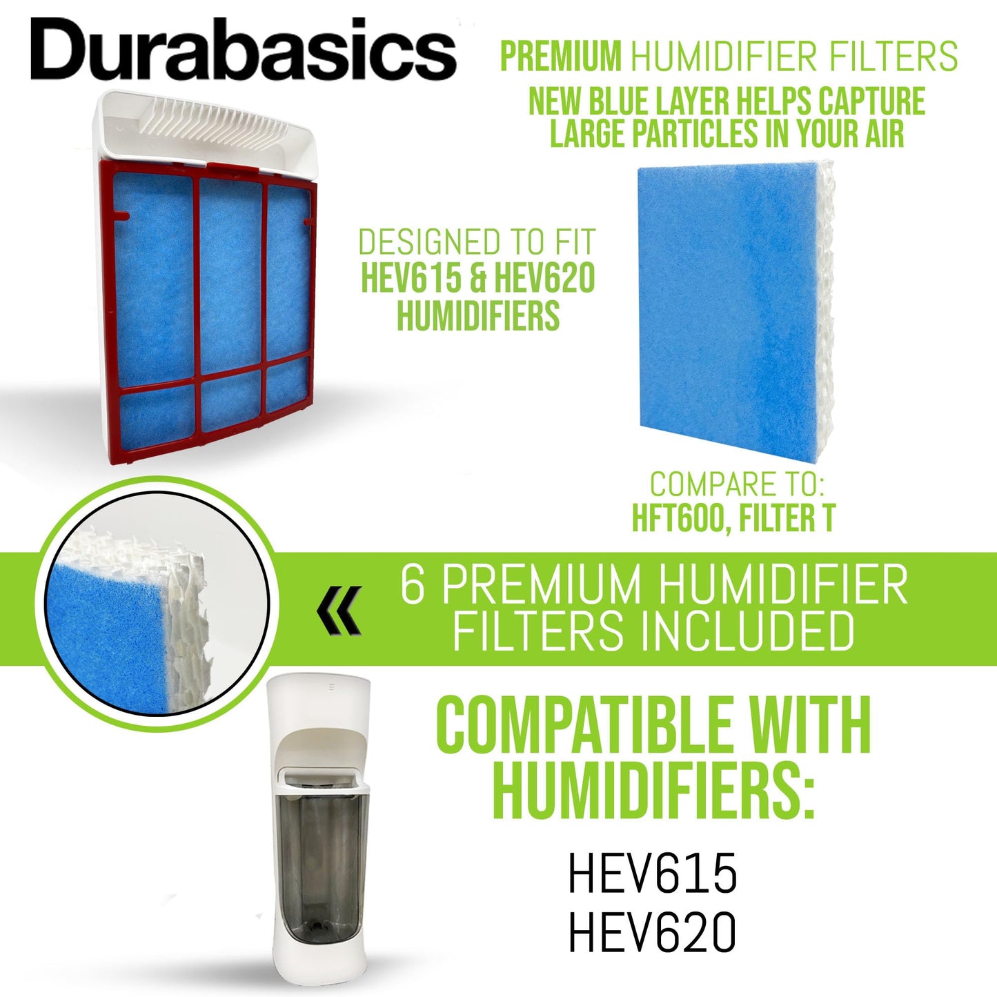 Durabasics Filter Replacements for Honeywell Filter humidifier Filter T, 6 Pack, Compatible with HFT600 Honeywell Humidifier Filter, HEV615 & HEV620, Filter HFT600 & Filter T