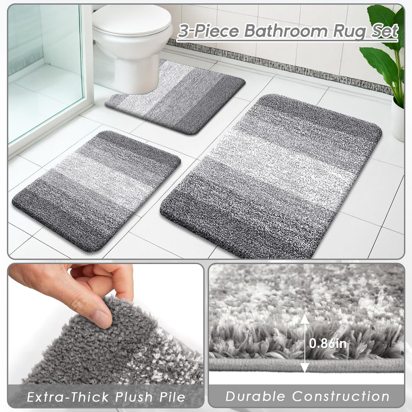 Britimes Grey Stripes Bathroom Sets with Shower Curtain and Rugs, Ombre Modern Minimalist Striped Waterproof Shower Curtain Liner and Soft Non Slip Bath Mat for Bathroom Decor and Accessories Hooks