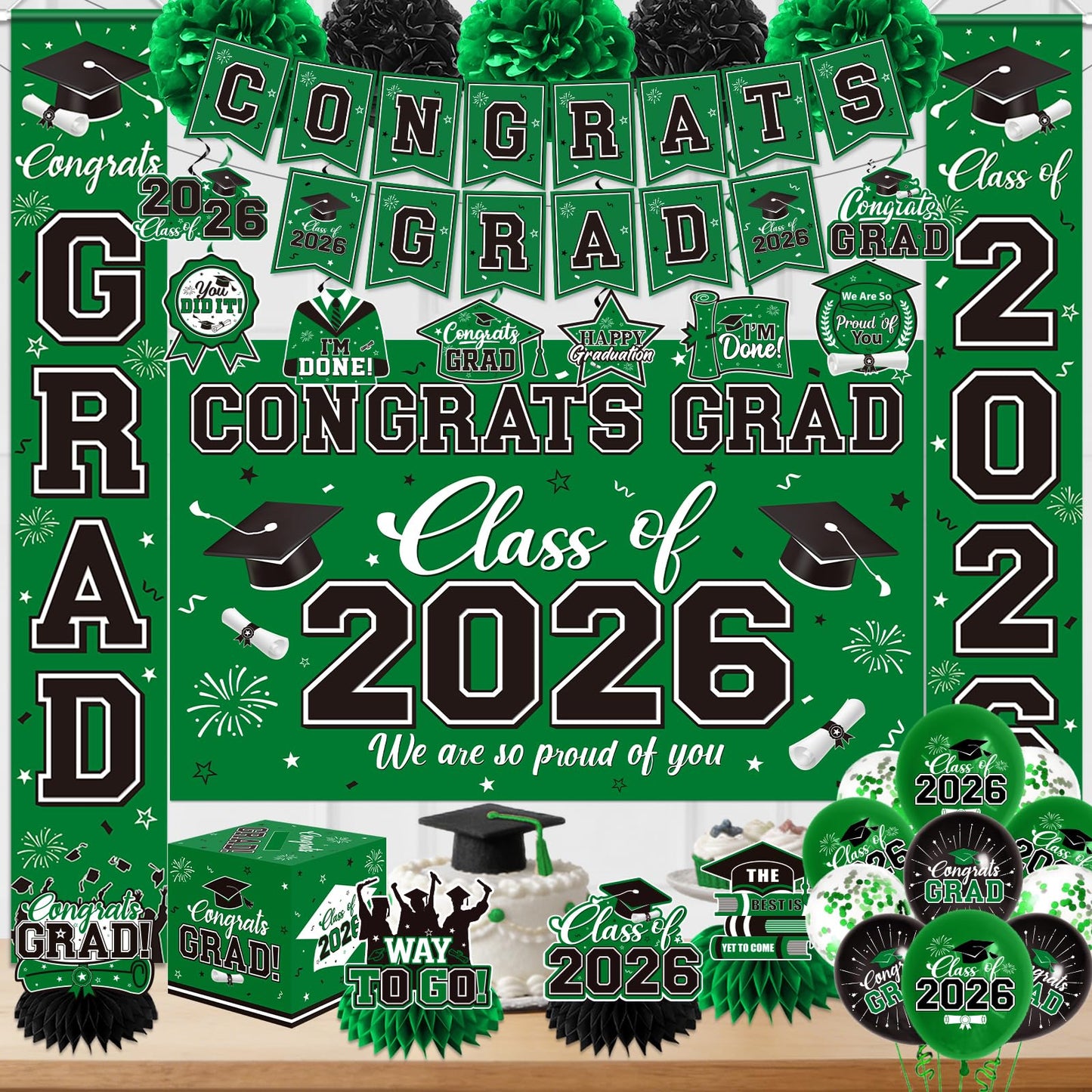 Graduation Decorations 2026 Green Party Decor Set with Congrats Grad Banner, Class of 2026 Backdrop, Balloons, Box & Streamers Supplies for High School & College Celebrations