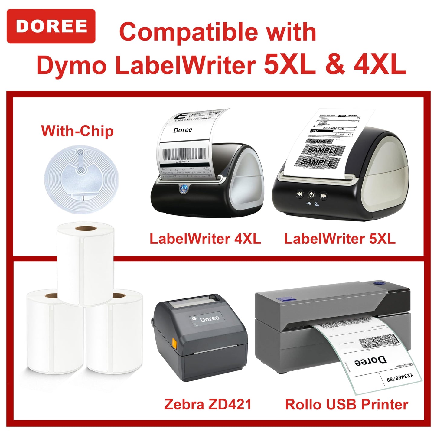 DOREE 4-Roll 4" x 6" Extra-Large Shipping Labels 1744907 with chip, Compatible with Dymo LW 5XL and 4XL Label Printers. (Thermal Shipping Labels, White,4-Rolls Total 880)