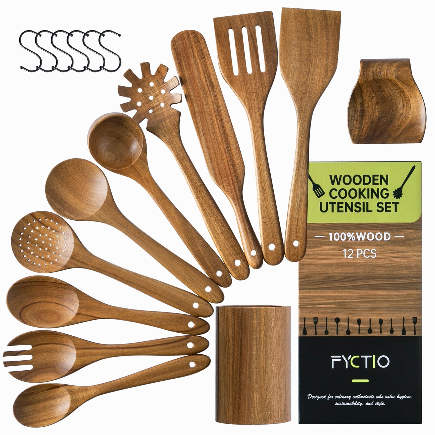 FYCTIO Wooden Utensil Set 12 PCS - Natural Non-Toxic Acacia Wooden Spoons for Cooking, Nonstick, Sturdy, Easy to Clean, Wood Kitchen Utensils Set with Holder, Spoon Rest & 6 Hooks, Ideal for Gifting