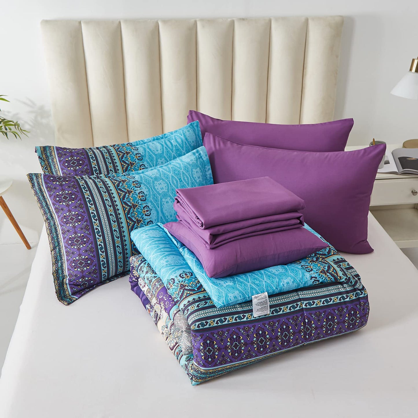 Cottolester Boho Comforter Set Full Size 8 Piece Bed in a Bag Bohemian Striped Bedding Quilt Set Aqua Paisley Floral Comforter and Sheet Set,Soft Microfiber Complete Bedding Sets for All Season