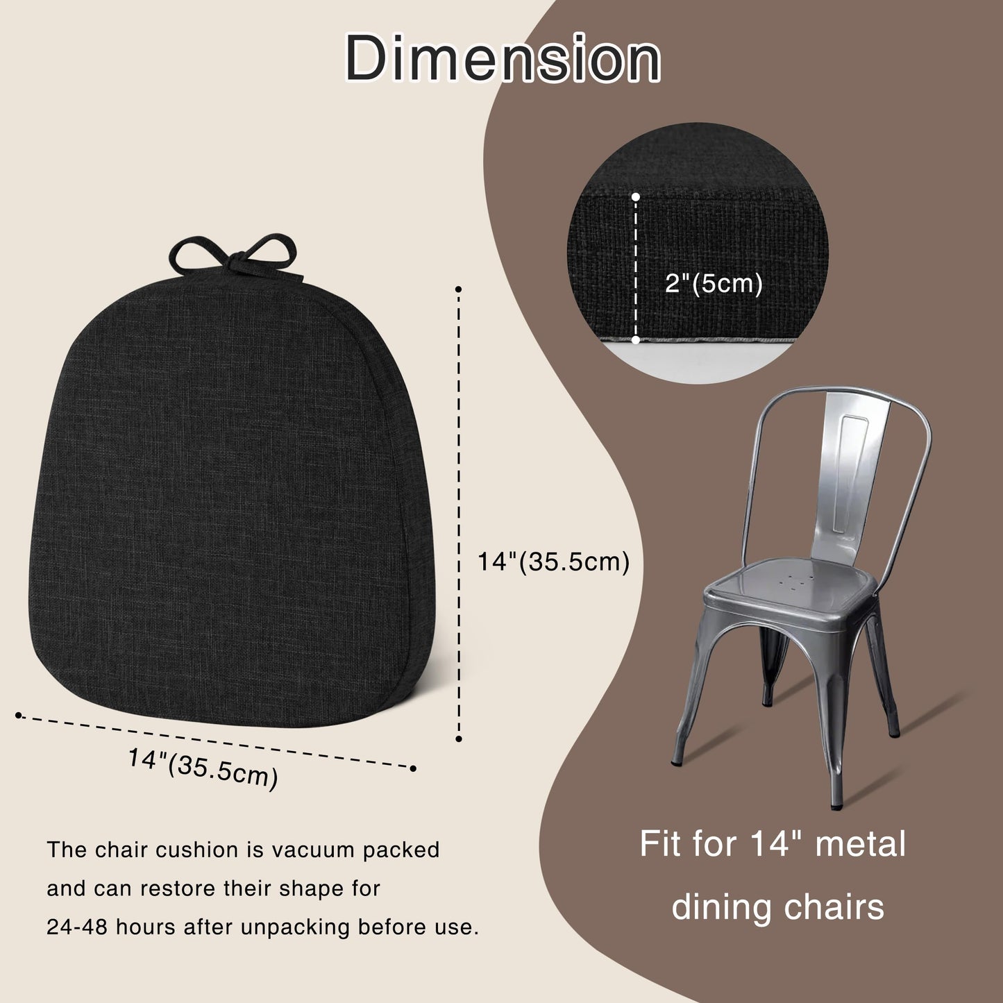 OVOV 14x14 Chair Cushions for Metal Dining Chairs Set of 4 Non Slip Thick Textured Chair Pads for Dining Chairs with Ties and Removable Cover (4, Black)