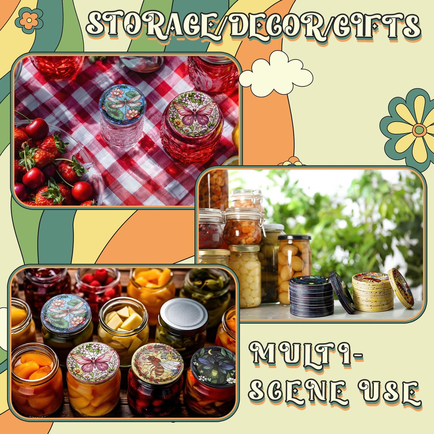 PullCrease 120 Pack Regular Mouth Canning Lids, 4 Style 2.75'' Decorative Mason Jar Lids Rust-Resistant Tinplate Lid for Food Jam Fruits Storage Canning Supplies (Stained Glass Style)