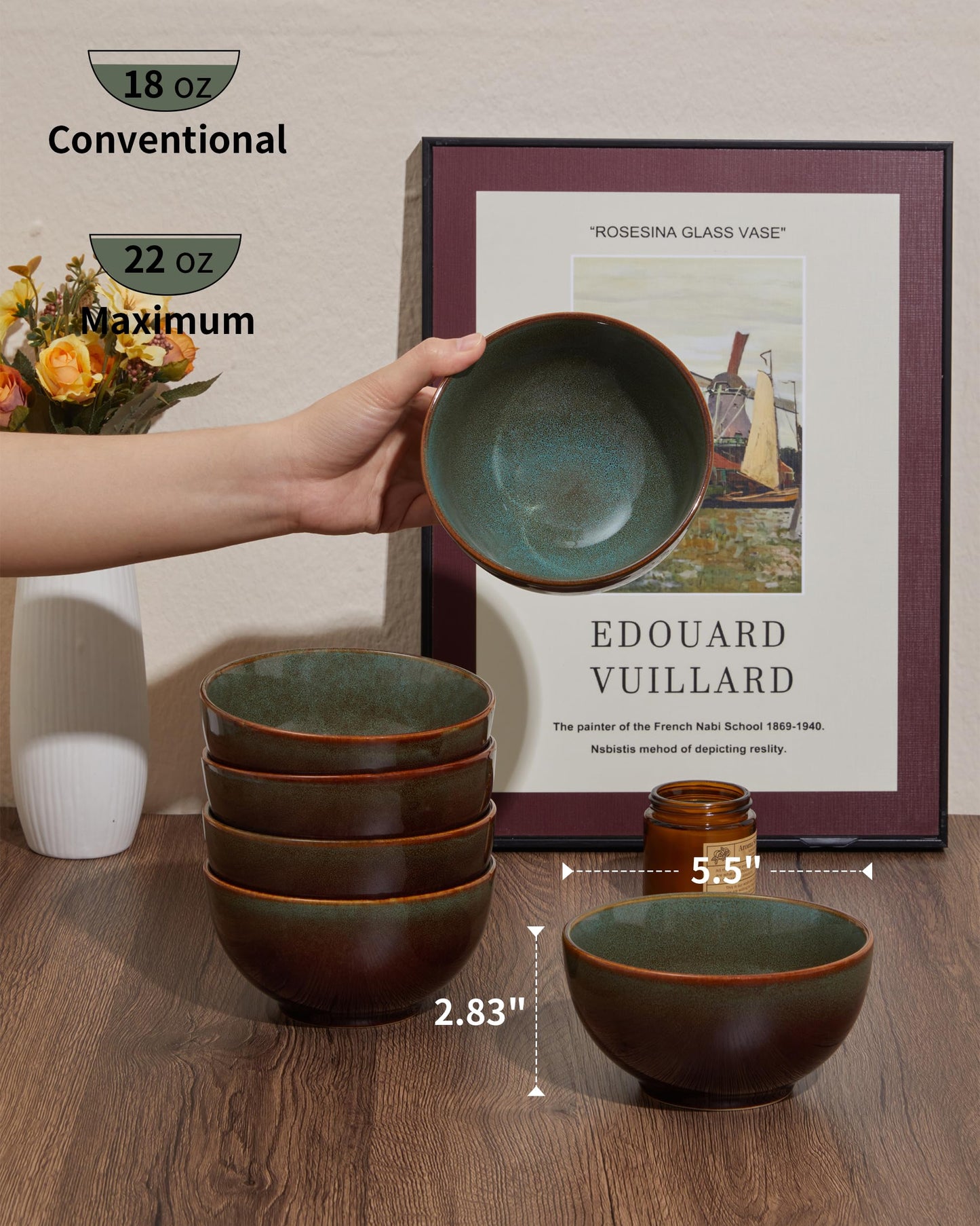 Pokini Stoneware Cereal Bowls Set of 6, 22 Oz Soup Bowls Set for Cereal Soup Snacks, Modern Kitchen Bowls for Meal, Dishwasher & Microwave Safe-Brown and Green