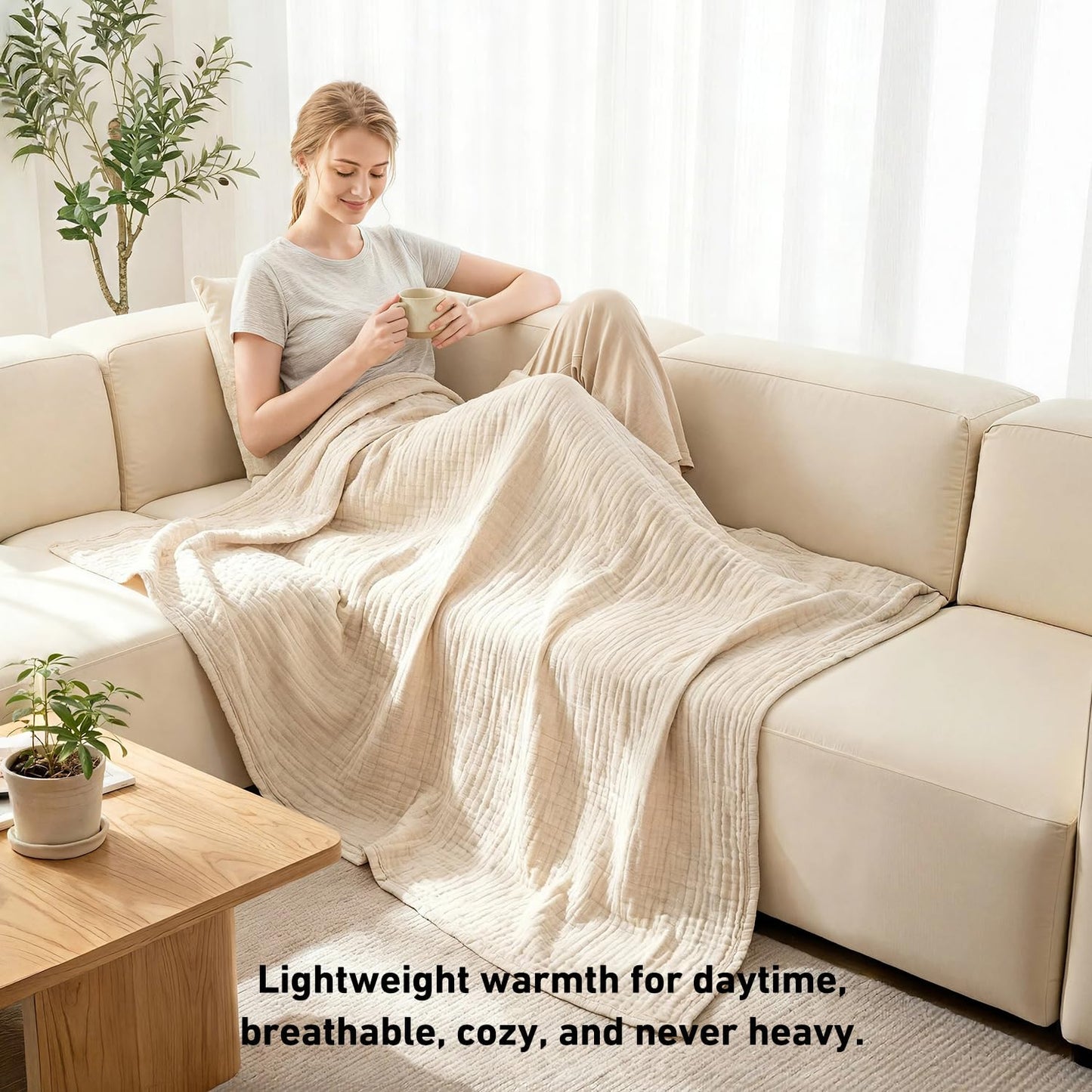 100% Cotton Ultra Soft Muslin Blankets for Adults, 6-Layer Lightweight King Size Blanket for Bed, Pre-Washed Breathable Gauze for Bed Layering, All Season Comfort, Linen Beige 108"x90"