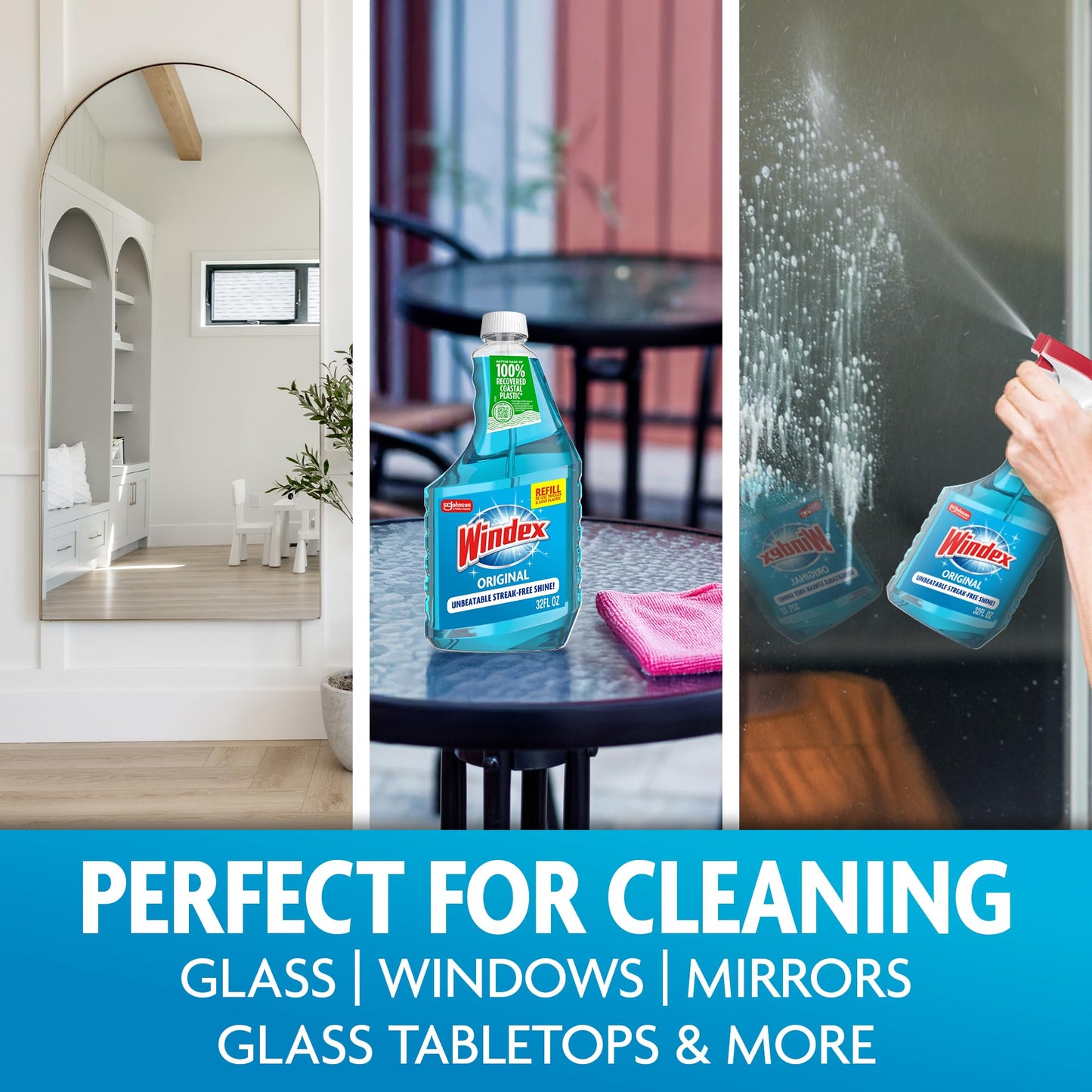 Windex Refill Original Blue Glass and Window Cleaner Bottles + 1 Reusable Spray Trigger, Surface Cleaning Spray, Original Blue Scent, 32 Fl Oz (Pack of 3)